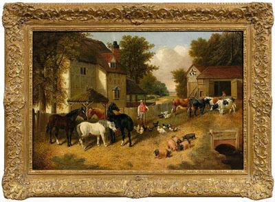 19th century painting after Herring farmyard with farmer feeding horses