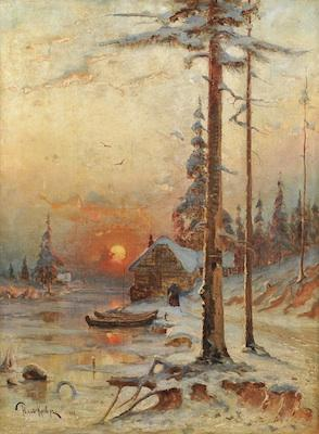 Julius Sergius Klever Russian 1850 1926 Riverside at dusk in