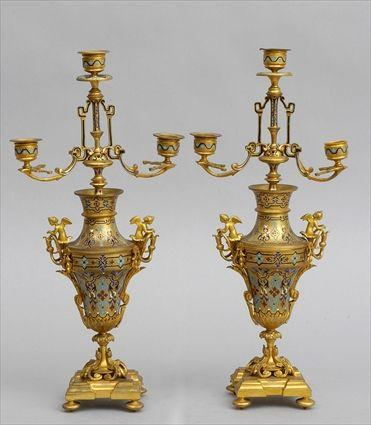 PAIR OF RENAISSANCE STYLE CLOISONN MOUNTED GILT METAL THREE LIGHT