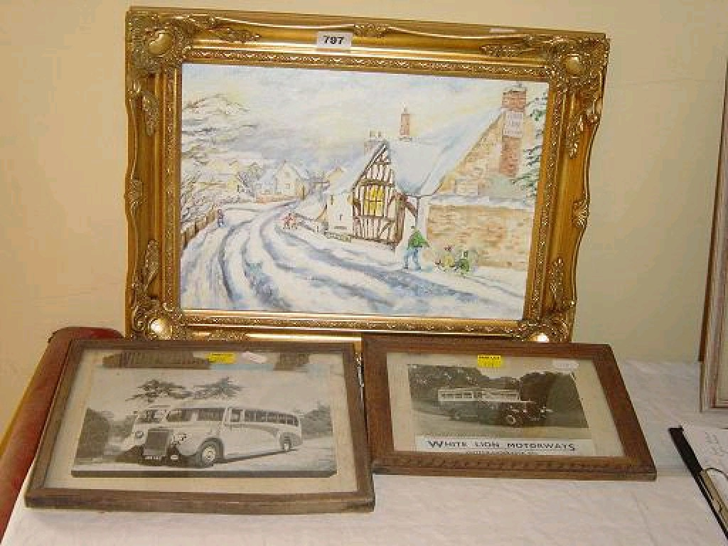 An oil painting on board of a snowy scene of