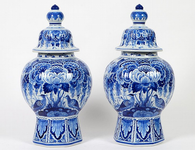 PAIR OF BLUE AND WHITE DELFT COVERED VASESMarked on both