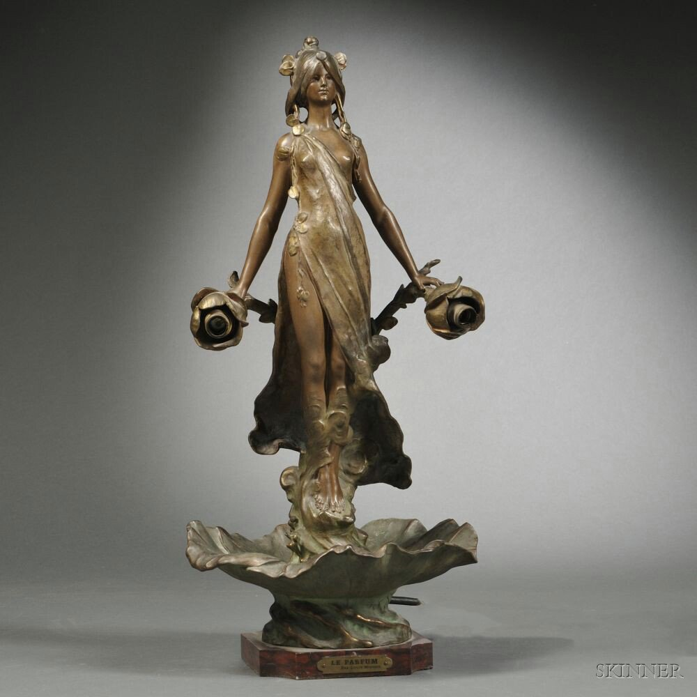 Art Nouveau Figural Patinated Spelter Lamp Base France early 20th
