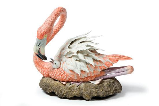 BOEHM BIRD FLAMINGO WITH YOUNG New Jersey 1987 bisque Made