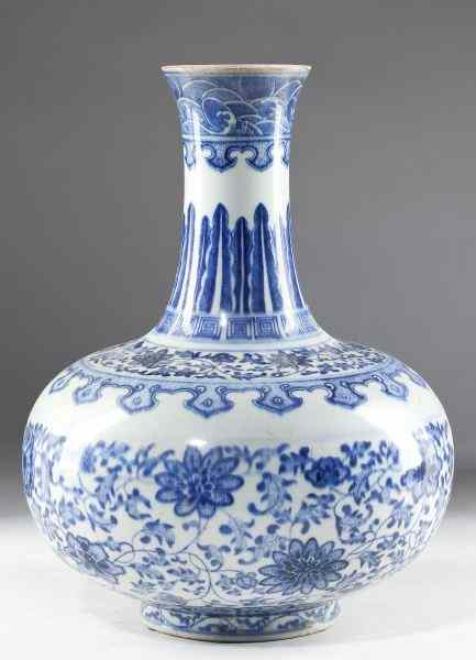 Chinese Large Blue and White Vasebulbous bottle form with bands