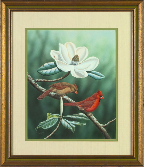 Ronald Louque American Contemporary Cardinals Upon a Magnolia Branch watercolor