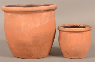 Two Interior Glazed Redware Storage Crocks Signed LKT 5 h
