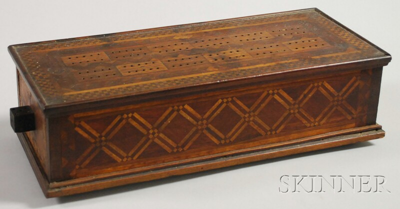Tramp Art Parquetry decorated Cribbage Game Box two end drawers