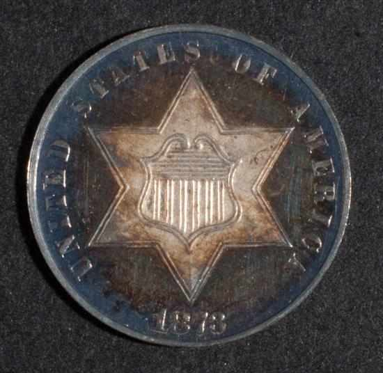 United States silver three cent piece 1873 Proof with iridescent