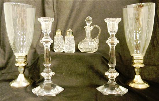 Glassware including pair weighted sterling silver base candleholders imprinted 814