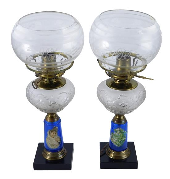 Pair of 19th C fluid lamps with later electrification frosted