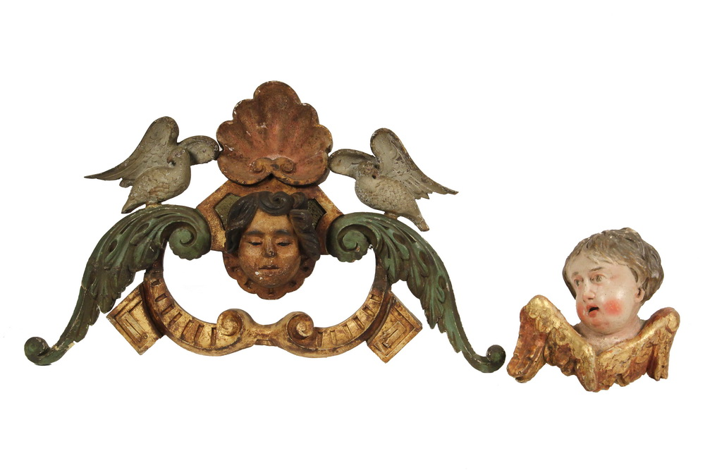 2 ITALIAN ARCHITECTURAL APPLIQUES 19th c Polychromed Carved Wood Baroque