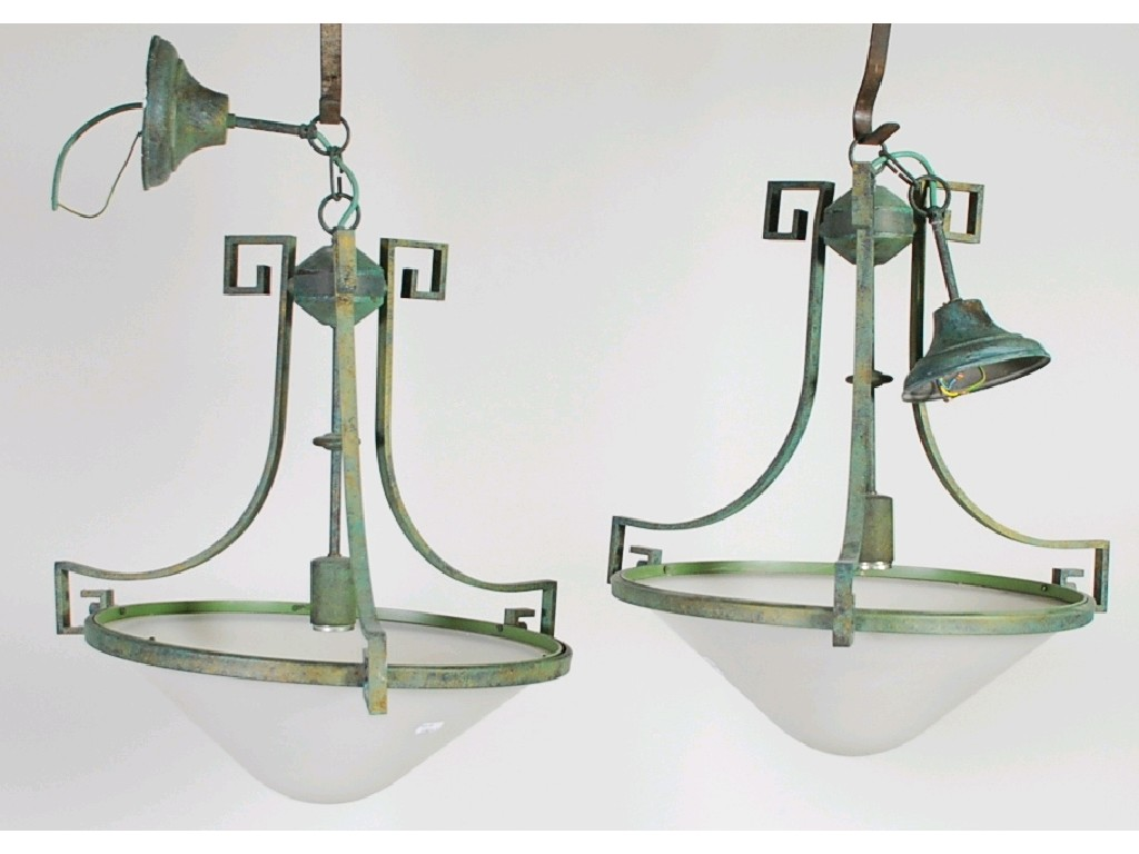 PAIR OF MODERN OXIDISED METAL AND FROSTED GLASS CEILING LIGHTS