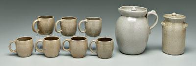 Nine pieces Ben Owen pottery all salt glazed lidded pitcher