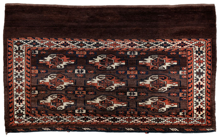Yomut Rug Turkman rows of guls on dark brown ground