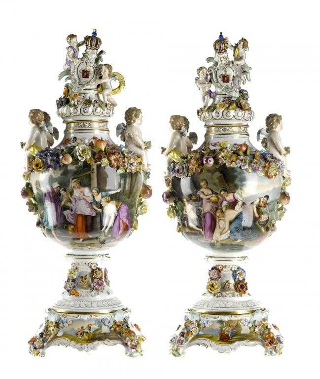 A PAIR OF POTSCHAPPEL VASES COVERS AND STANDS the handles