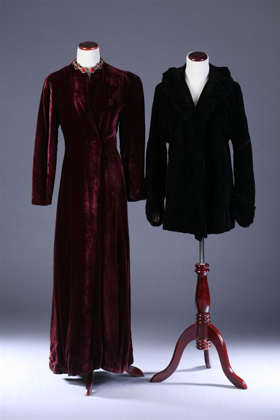 TWO VINTAGE VELVET EVENING COATS Circa 1930s One black long