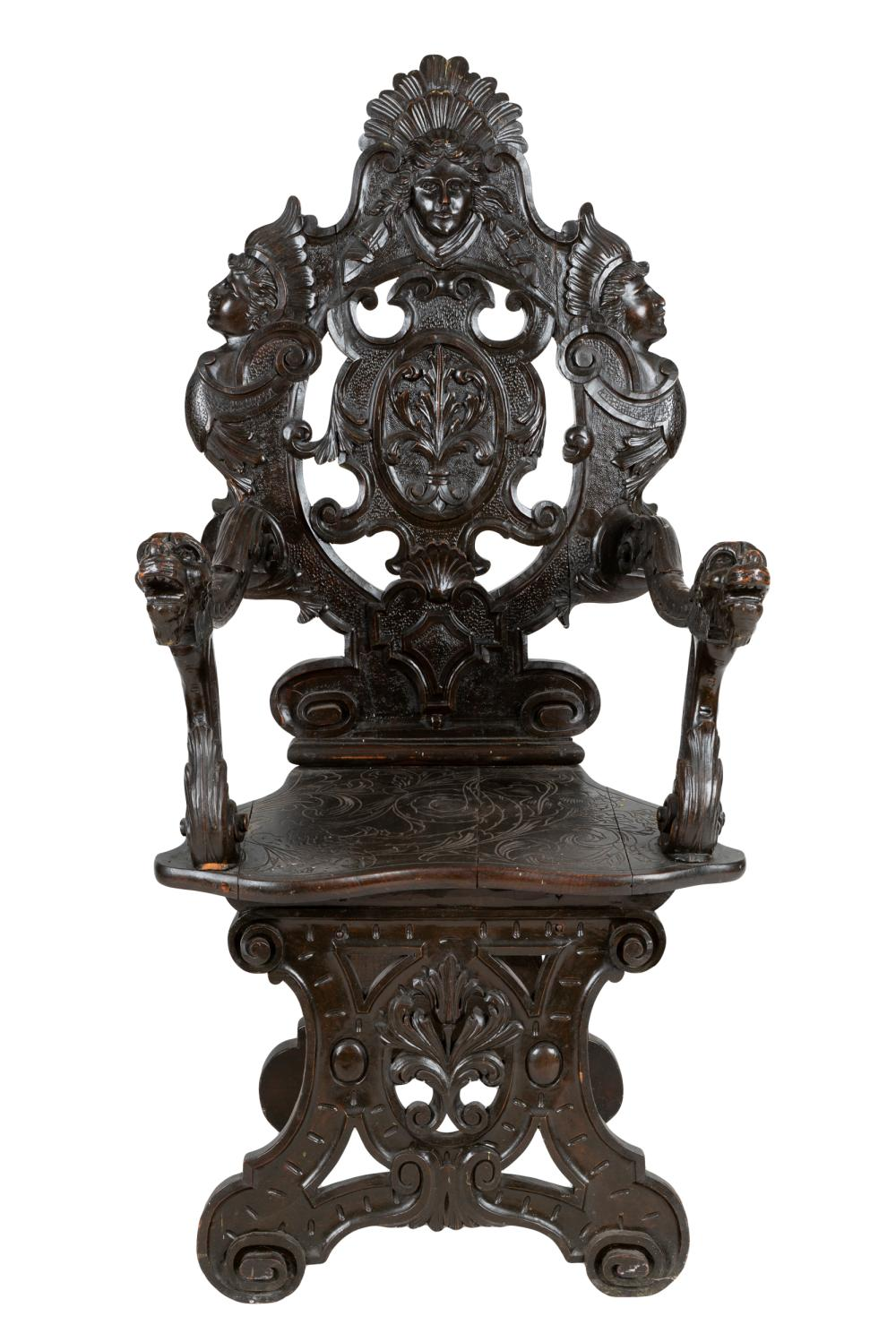 ITALIAN BAROQUE STYLE PAINTED OPEN ARMCHAIRlacquered walnut with figural handles