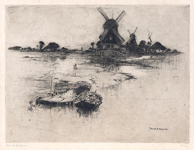 FRANK HENRY MASON 1876 1965 Dutch scene with windmills etching
