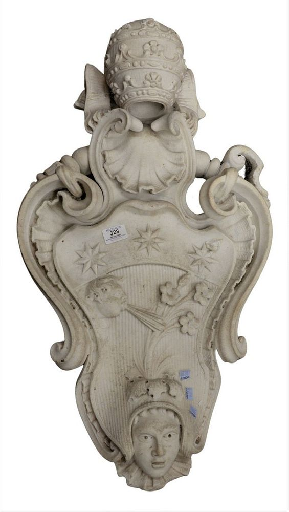Italian White Marble Armorial having carved bust on bottom with