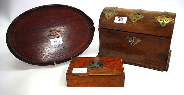 A VICTORIAN WALNUT DOME TOPPED STATIONERY BOX with brass mounts