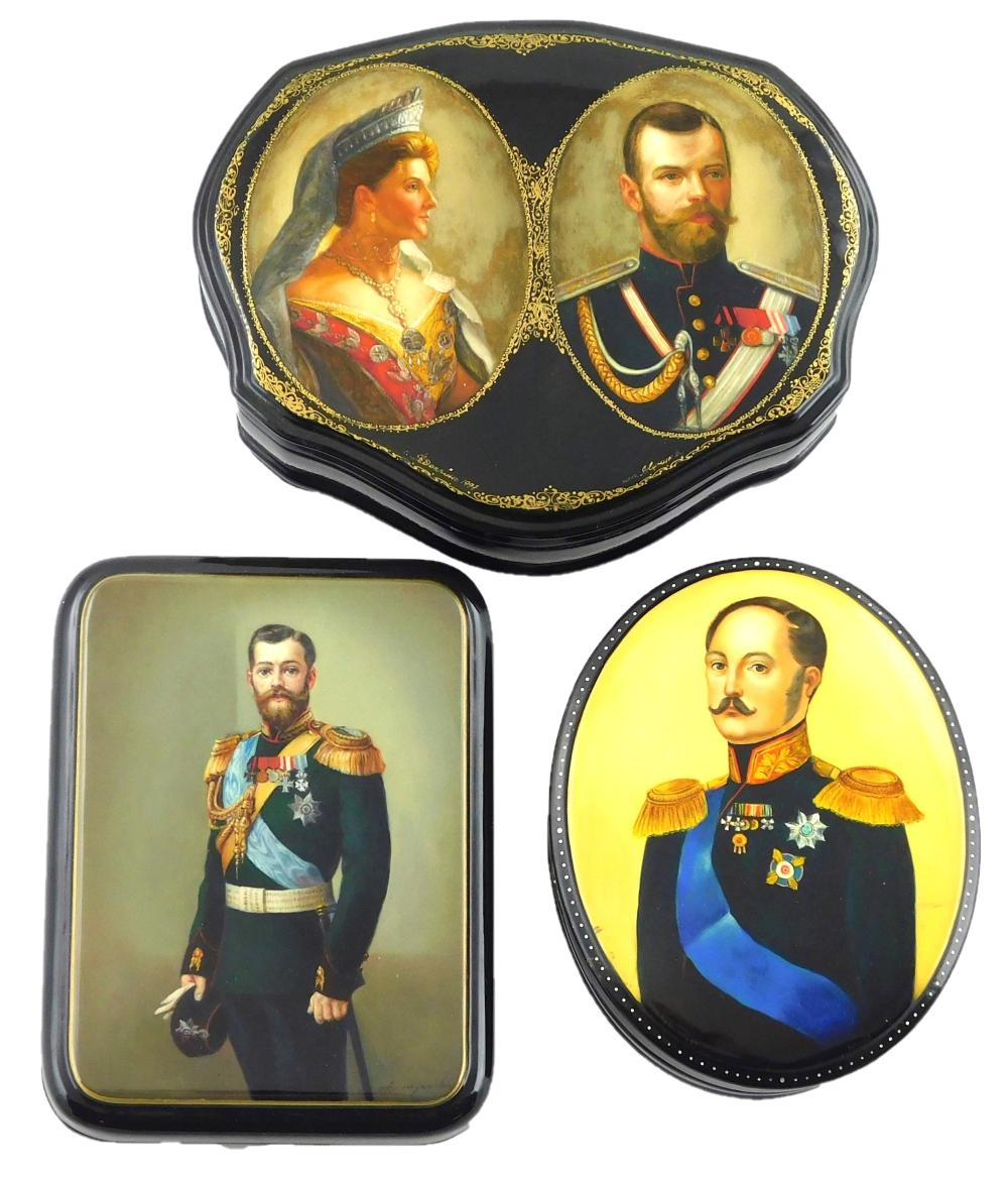Russian hand painted lacquer boxes group of three with royal