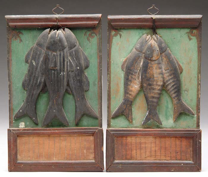 PAIR OF CARVED AND PAINTED WOOD FISH PLAQUES SIGNED J