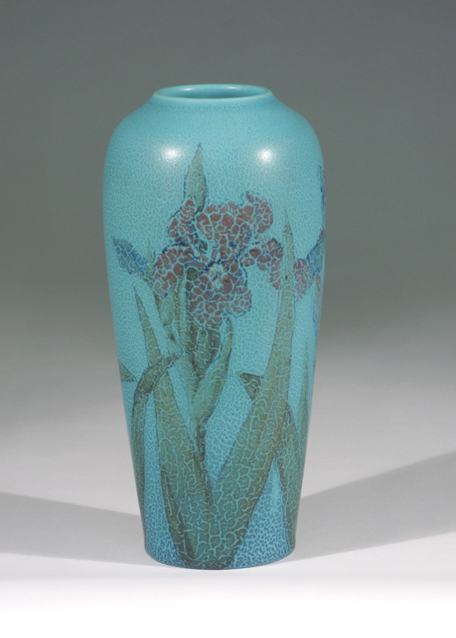 ROOKWOOD POTTERY VASE matt glaze with painted iris design in