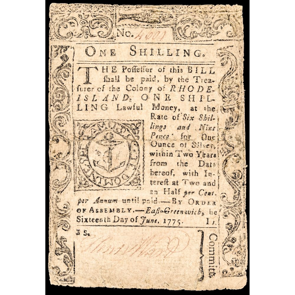 Colonial Currency RI June 16 1775 1 Shilling Rhode Island
