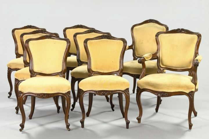 Suite of Eight Louis XV Style Mahogany Dining Chairs comprised