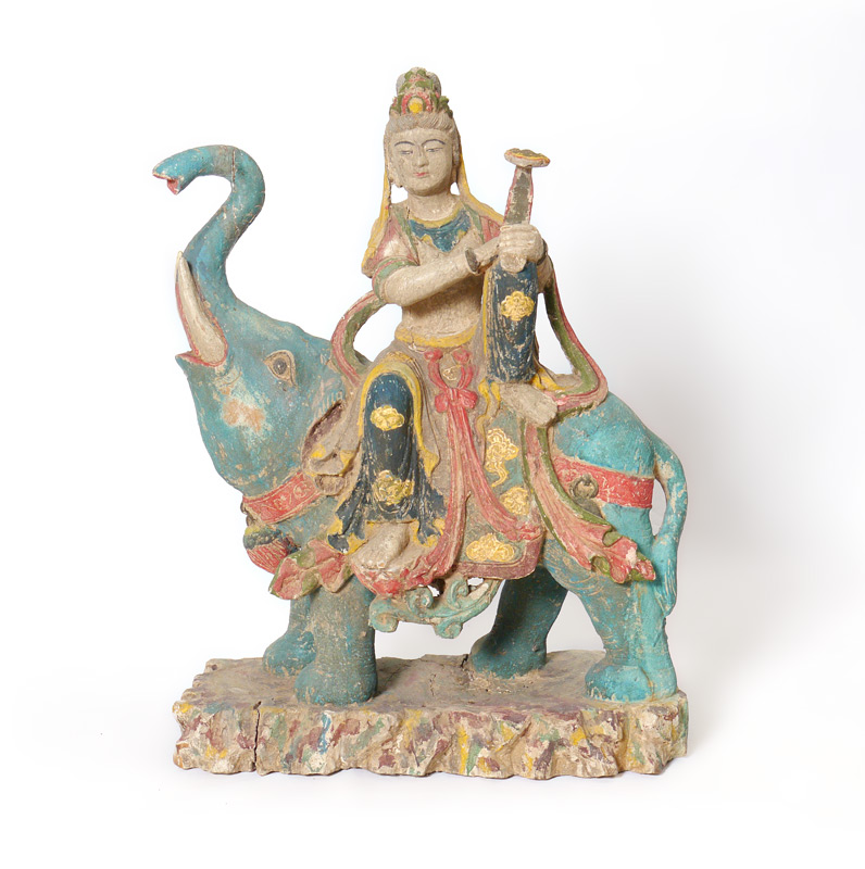 SINO TIBETAN CARVED POLYCHROME ELEPHANT RIDER Large Sino Tibetan carved