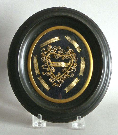 Framed quillwork memorial 19th c 4 x 3 1 4