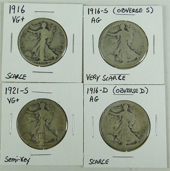 Four Scarce Date Walking Liberty Halves 1916 nice VG almost