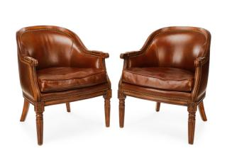 Pair of Leather Brass Tacked Club Chairs American late 20th