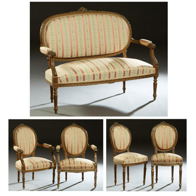 French Louis XVI Style Five Piece Carved Beech Parlor Suite