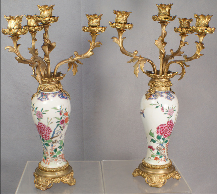 Chinese export porcelain pr of Famille Rose vases mounted as