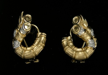A Pair of Gold and Diamond Earrings in Bamboo Swirl