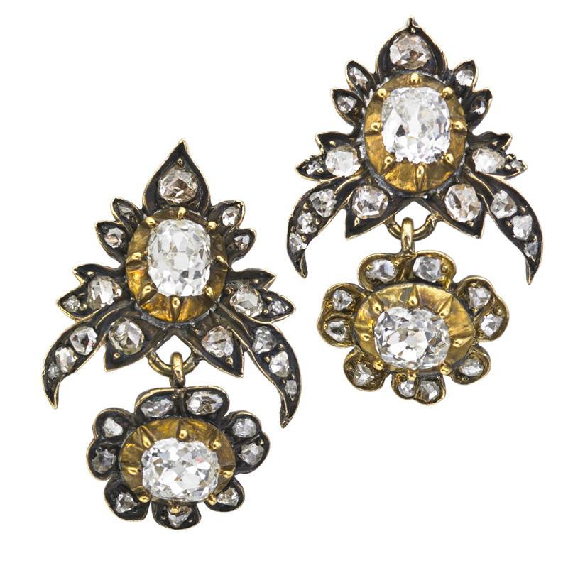 VICTORIAN OMC AND ROSE CUT DIAMOND DROP EARRINGS Diamond foliate