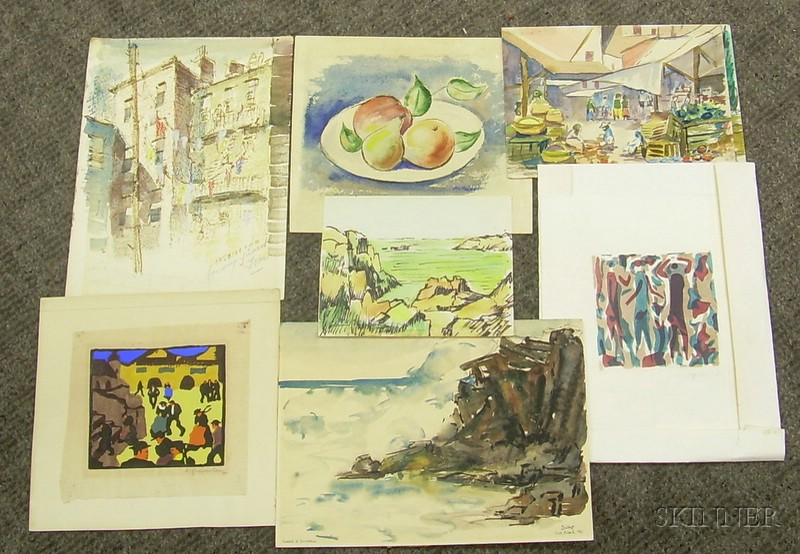 Lot of Eight Unframed Works on Paper of Various Subjects