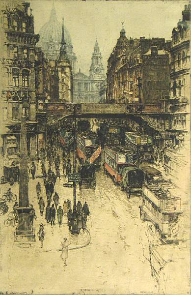 Luigi Kasimir Austrian 1881 1962 Ludgate Hill 1925 Color etching