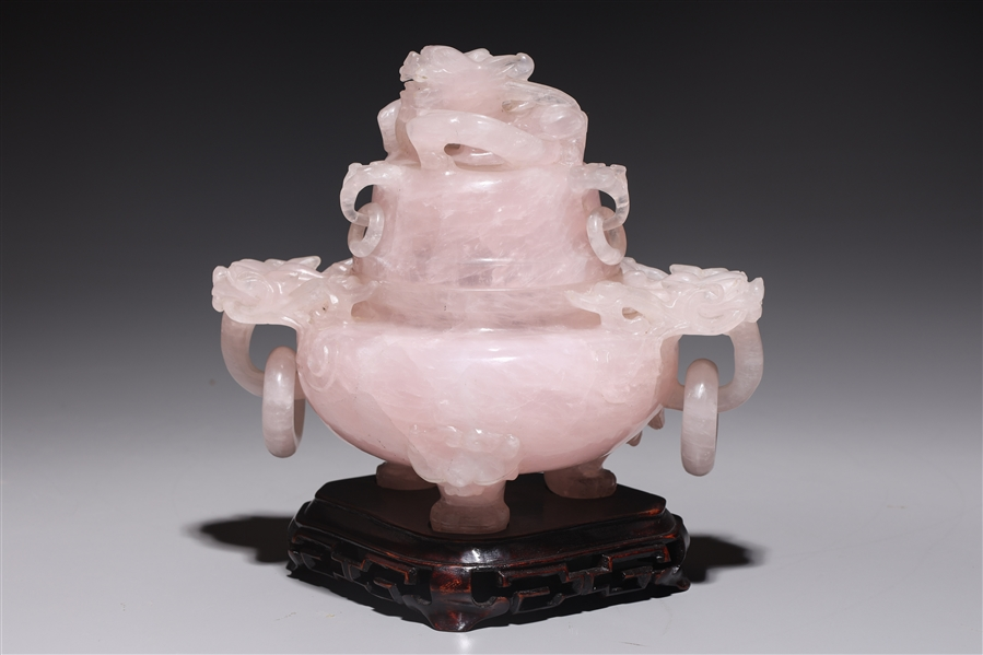 Chinese carved rose quartz covered censer with loose rings dragon