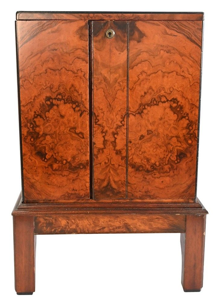Burl Walnut Table Cabinet having two doors opening to three