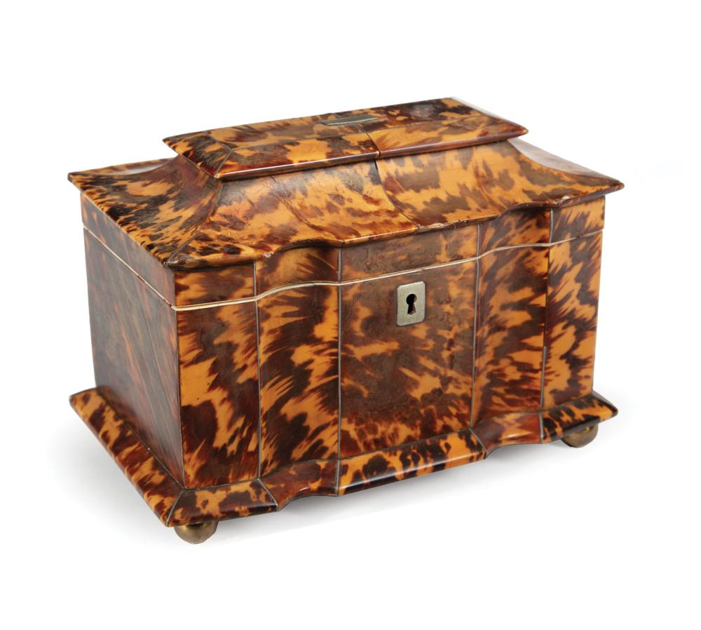 Late Georgian Pagoda Form Tortoiseshell Tea Caddy 19th c interior