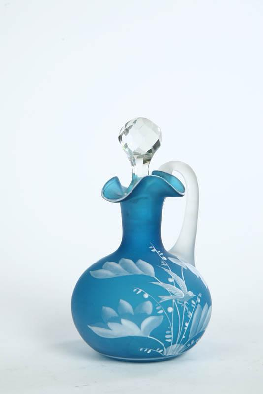 ART GLASS CRUET Blue with white enameled foliage and bird