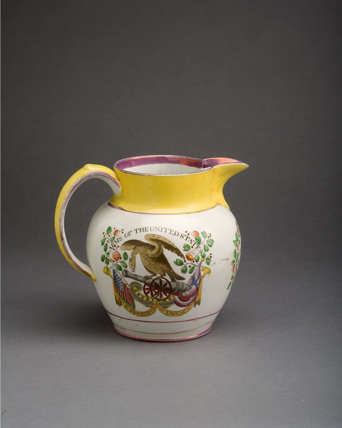 ENGLISH PEARLWARE ENAMEL DECORATED AND BLACK TRANSFER PRINTED JUG STAFFORDSHIRE