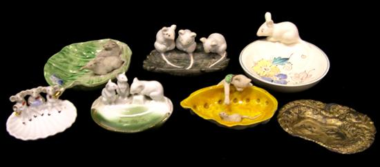 Assorted soap dishes and ashtrays six ceramic one brass all