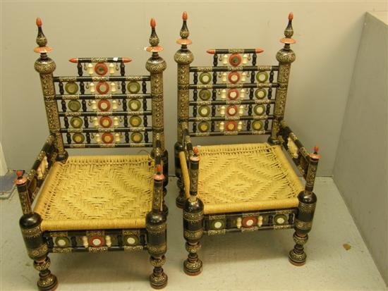 Pair of painted Eastern chairs and a matching table h
