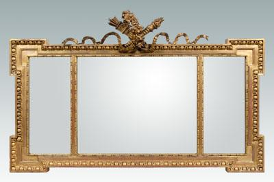 Louis XVI style overmantel mirror gilt wood with applied trophy