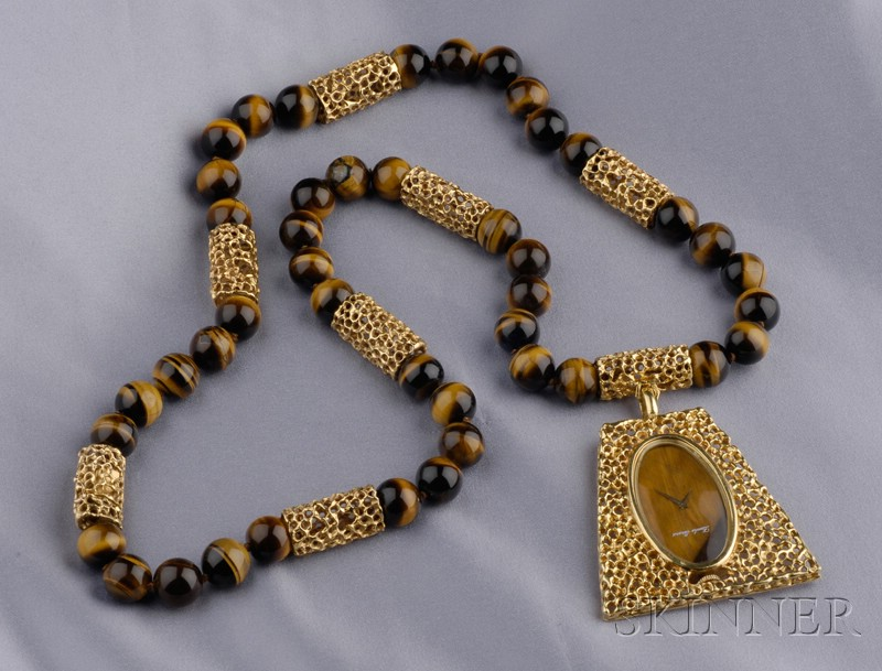 18kt Gold Tiger s eye and Diamond Pendant Watch Bueche