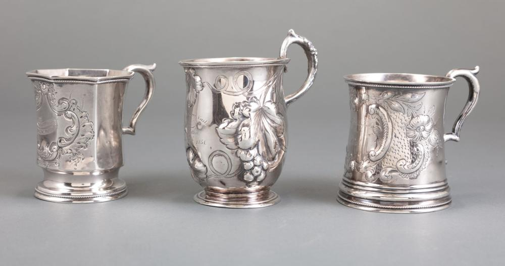 Three American Rococo Coin Silver Repousse Presentation Cups incl makers