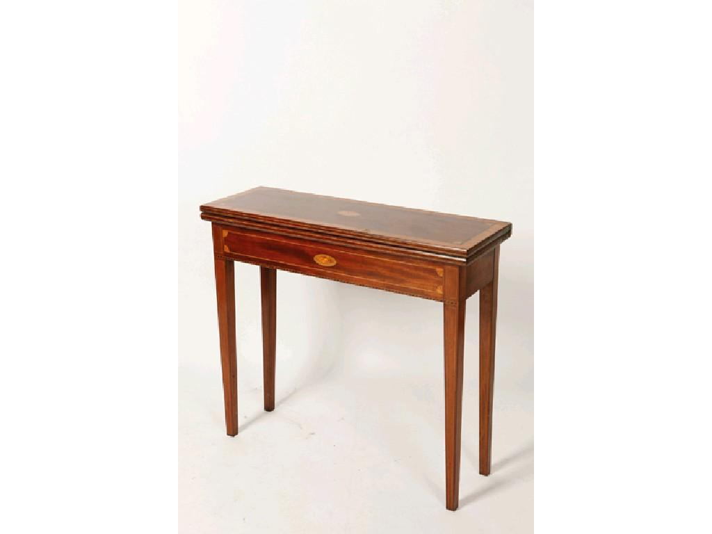 A GEORGE III STYLE MAHOGANY AND SATINWOOD CROSSBANDED FOLD TOP